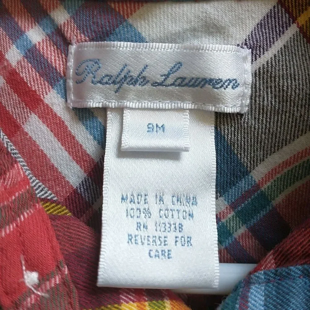 Ralph Lauren Overall Onepiece Baby Boy 9M Plaid Striped Cotton Button Logo 2xLot
